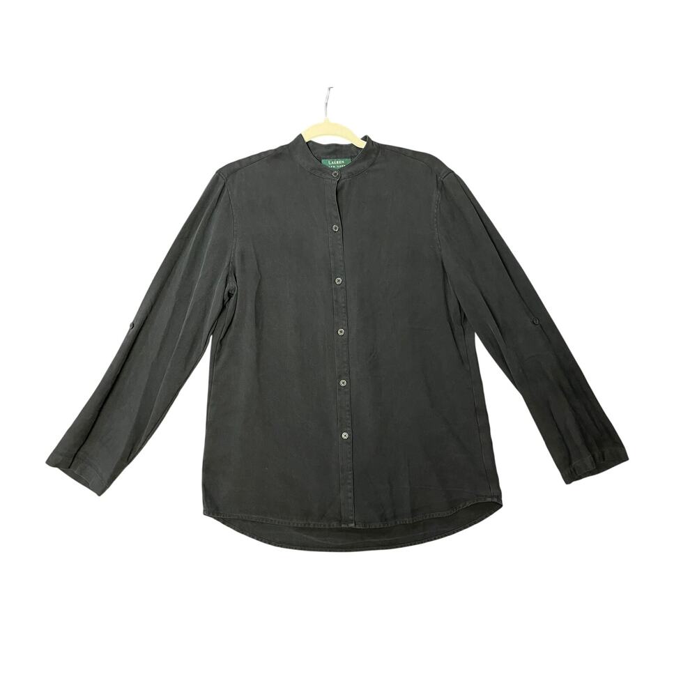 Y2K Vintage Ralph Lauren 100% Silk Black Button Up Shirt Band Collar Size Medium